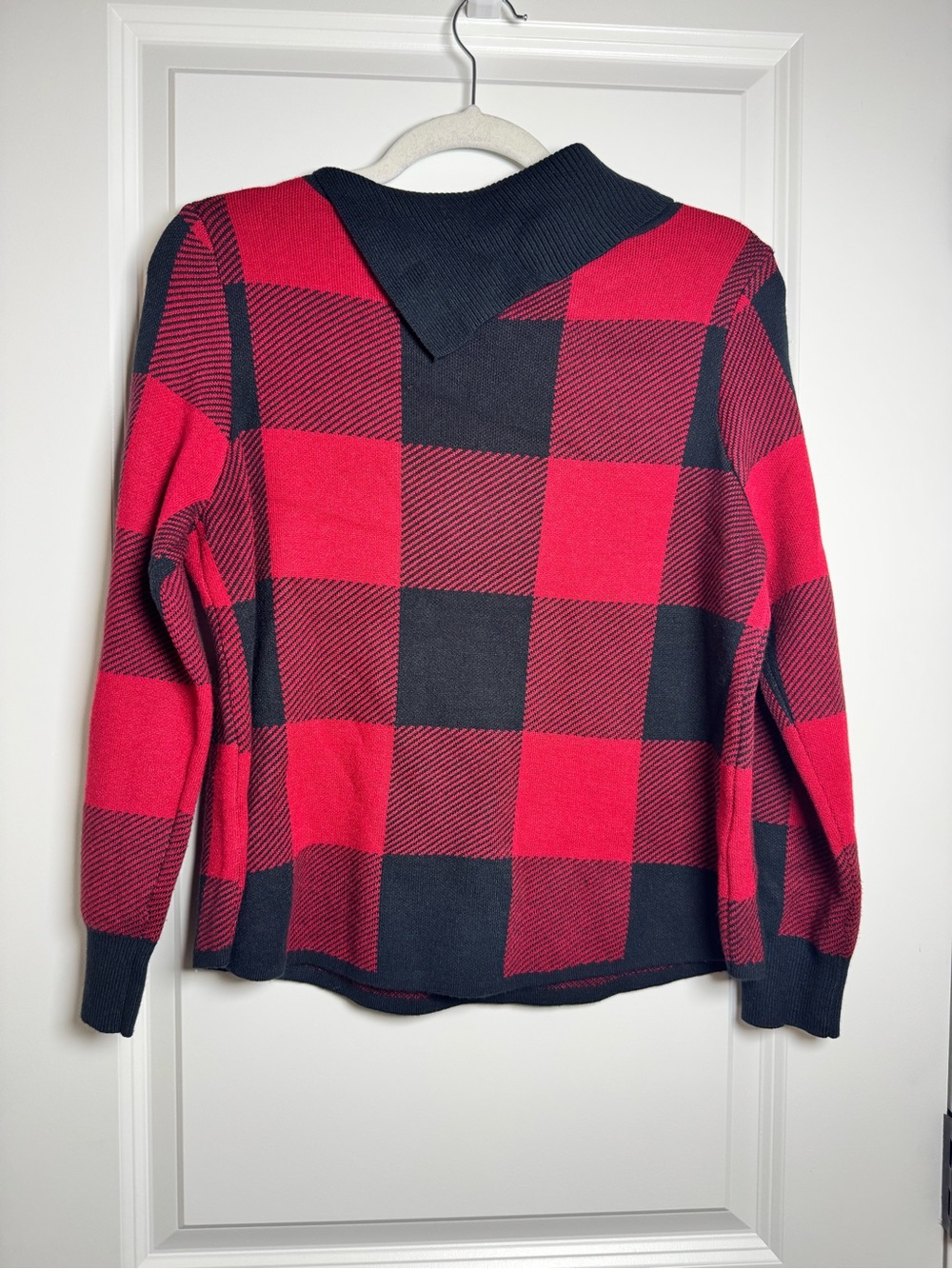Adrienne Vittadini Red and Black Buffalo Plaid Button-Neck Sweater Holiday - Picture 2 of 6